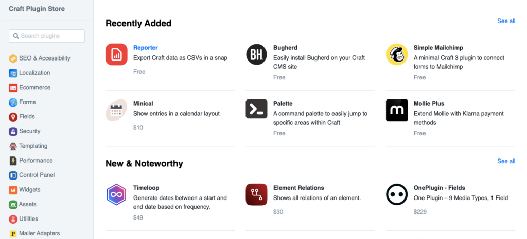Craft cms plugin page overview from dashboard
