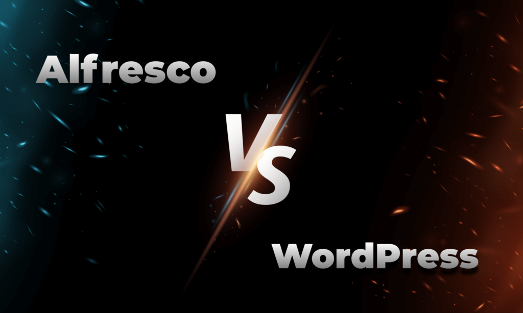 an illustration on Alfresco vs WordPress that includes logos and text and reflects on comparison mode