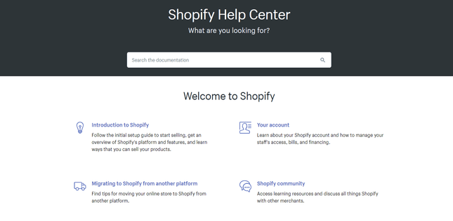 shopify support center page overview, shopify vs wordpress