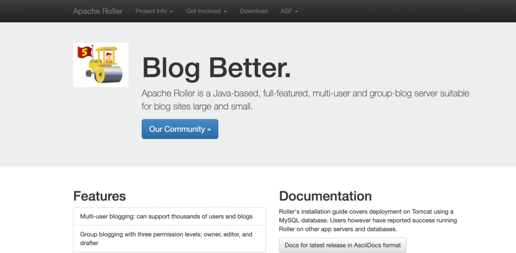 a screenshot of apache roller website home page- wordpress vs apache roller