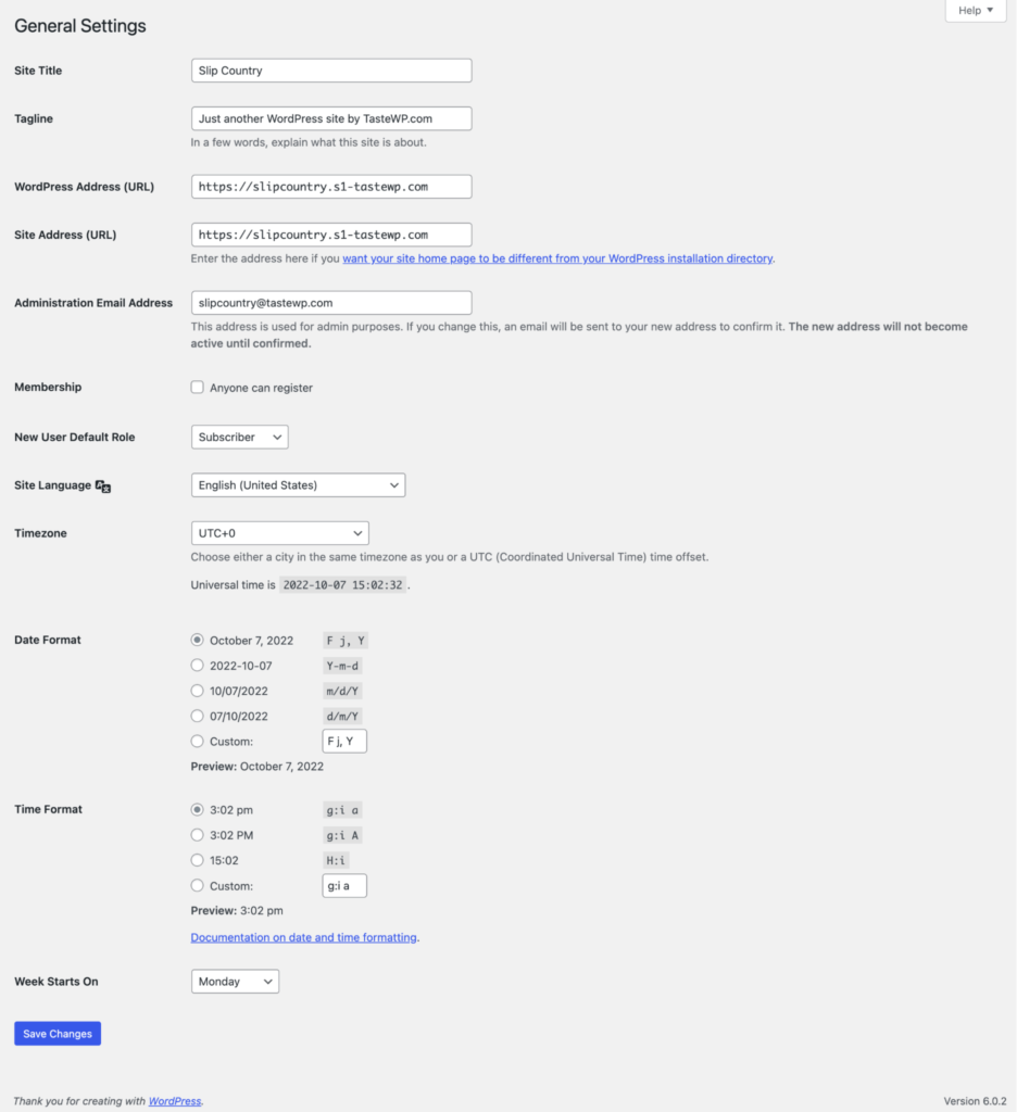 wordpress general setting page overview at a glance