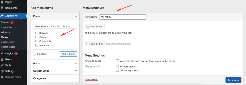 adding navigation menu option to WordPress from dashboard
