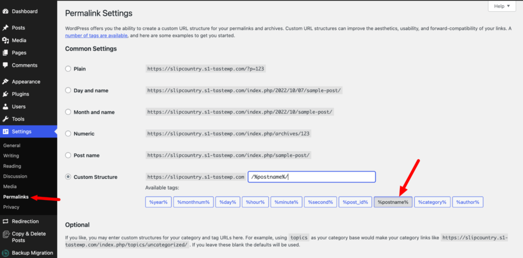 choosing a custom url structure for WordPress site from dashboard