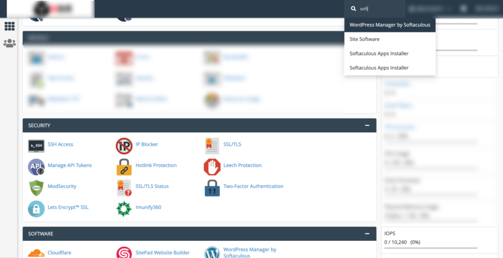 finding Softaculous app on cPanel dashboard