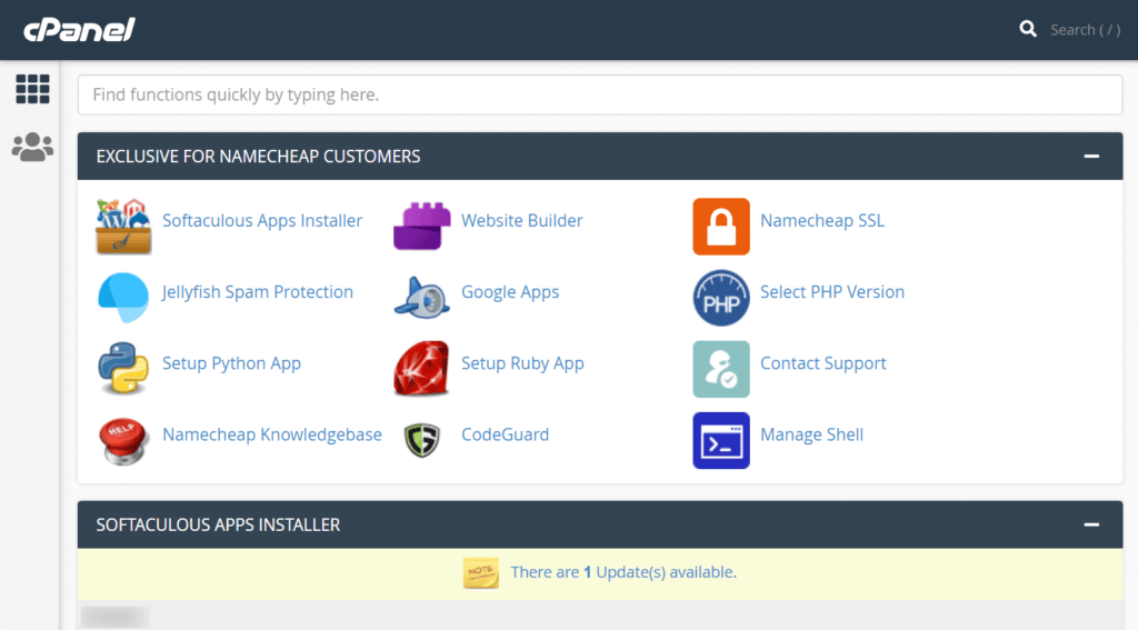 cPanel dashboard overview