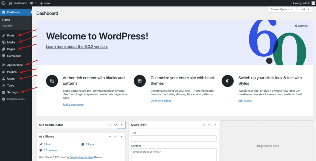 a screenshot of WordPress User Dashboard 